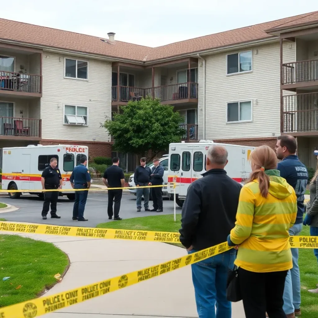 Police tape surrounding an apartment complex after a stabbing incident