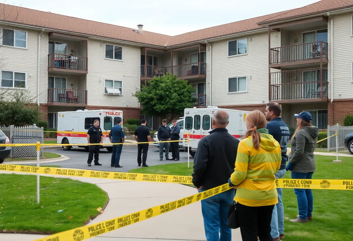 Police tape surrounding an apartment complex after a stabbing incident