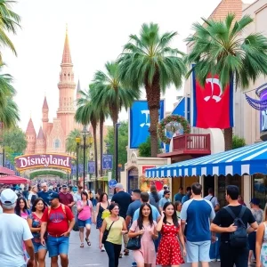 A busy tourist scene in Anaheim with people and attractions