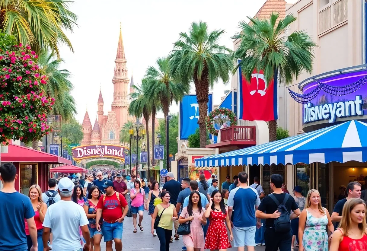 A busy tourist scene in Anaheim with people and attractions