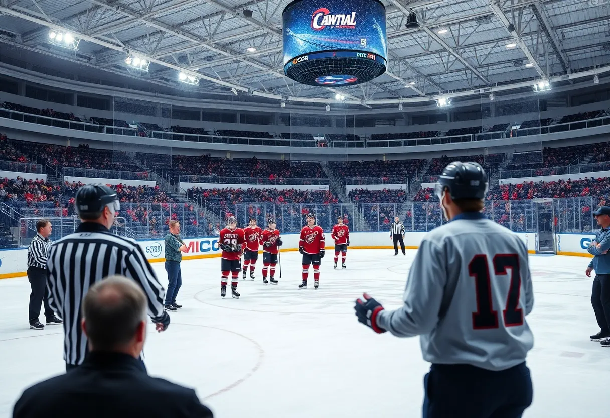 Anaheim Ducks players engaging in a contract discussion on the ice.