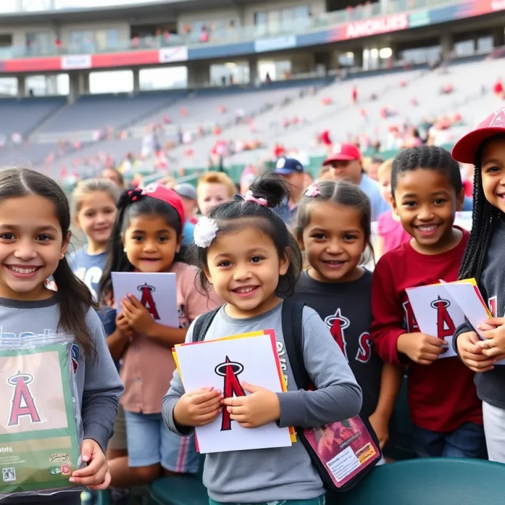 Children receiving school supplies at Angels Foundation event