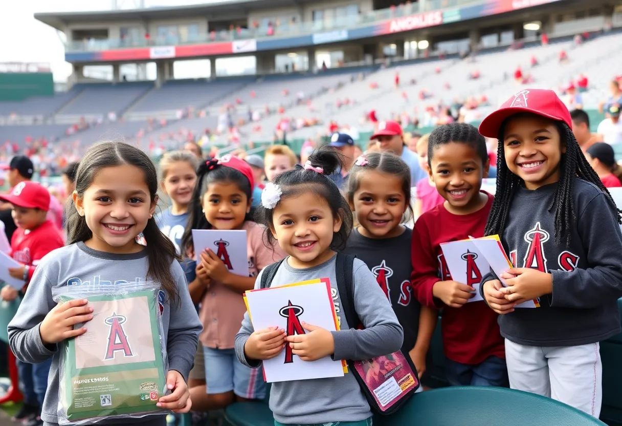 Children receiving school supplies at Angels Foundation event