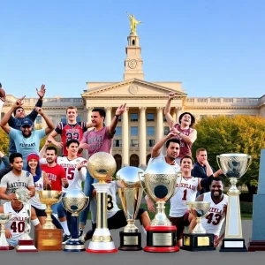 Conceptual illustration of the Aztec Mount Rushmore honoring SDSU athletes