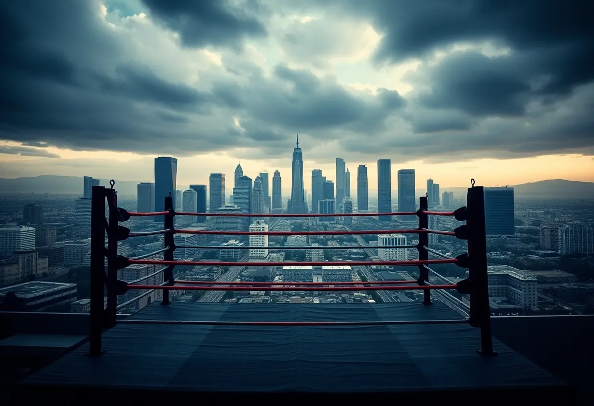 Urban boxing scene representing tension and legal challenges.