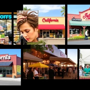 A vibrant mix of grocery stores and restaurants in California.