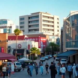 Urban business district in California with restaurants and commercial buildings