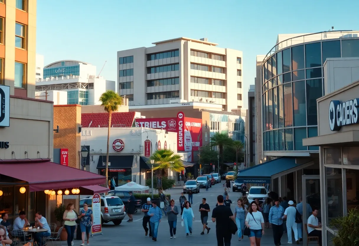 Urban business district in California with restaurants and commercial buildings