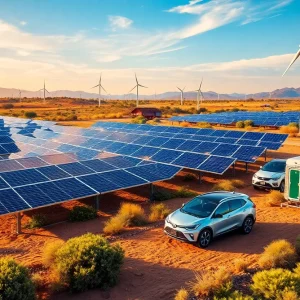 Solar panels and wind turbines in California