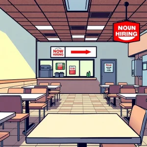 Illustration showing empty fast-food restaurant tables and a hiring sign