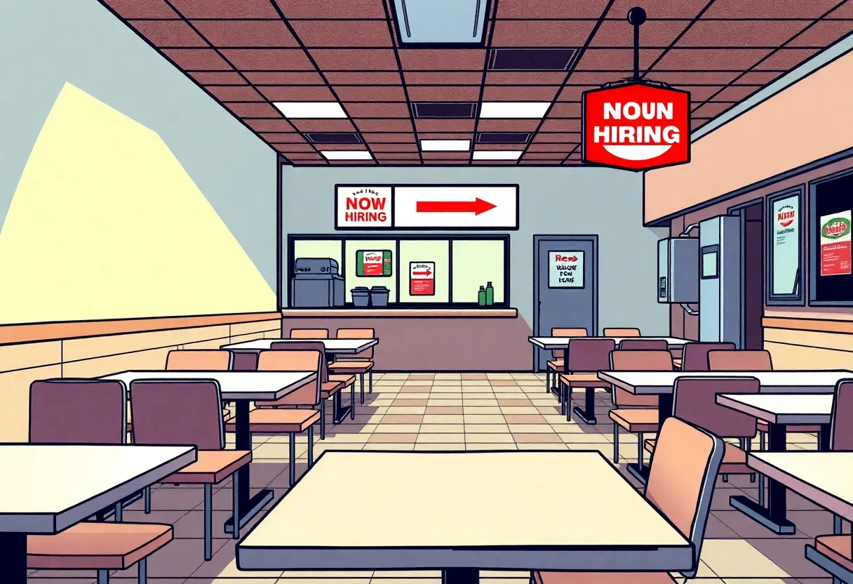 Illustration showing empty fast-food restaurant tables and a hiring sign
