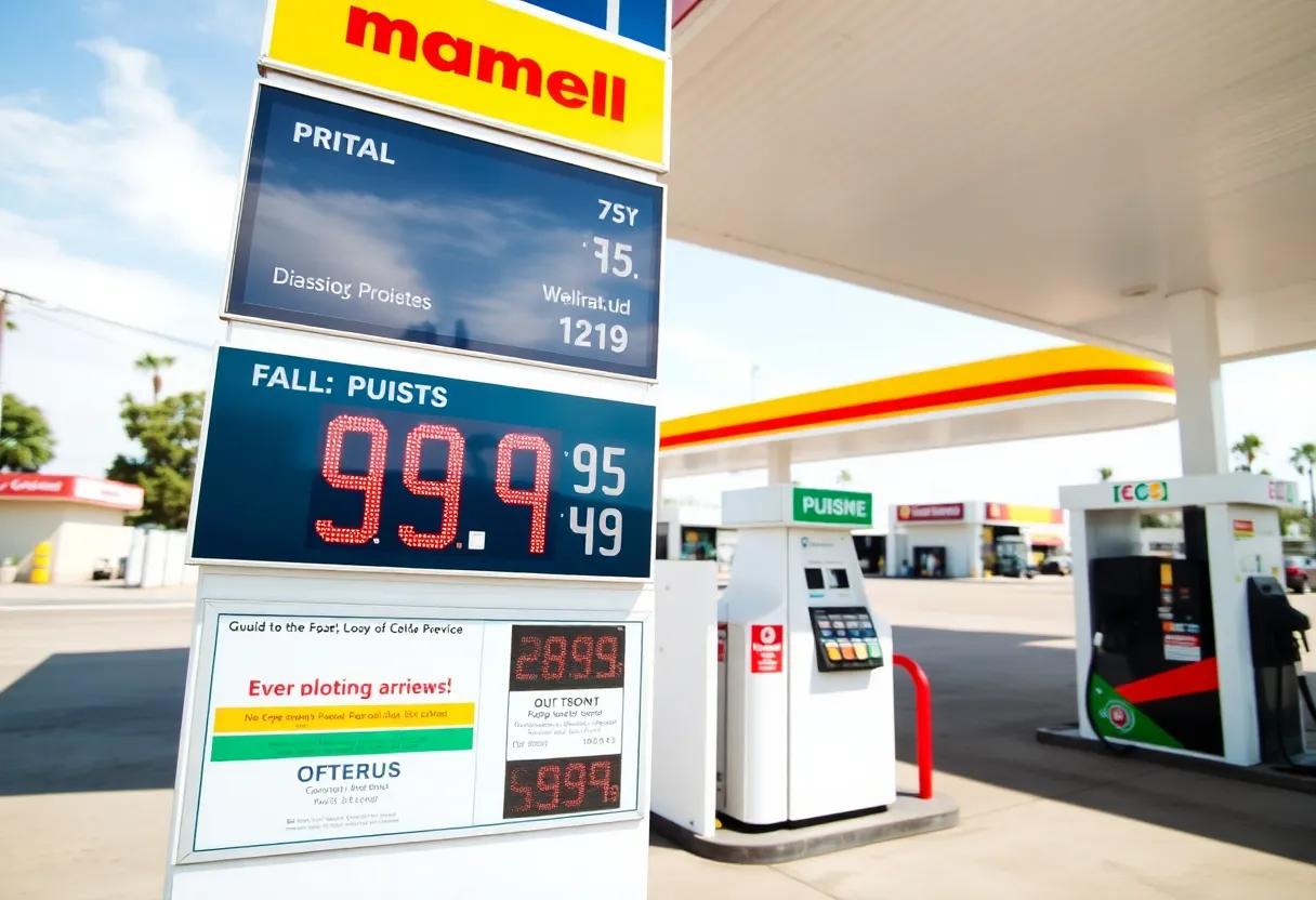 A busy gas station in California showing rising gas prices