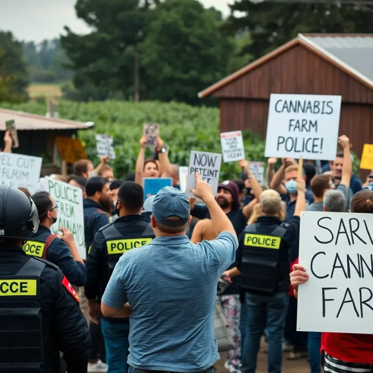 Protesters demonstrating against immigration raids at a cannabis farm in California, amidst a tense standoff with law enforcement.