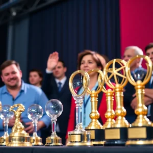 Celebration at California Journalism Awards with trophies