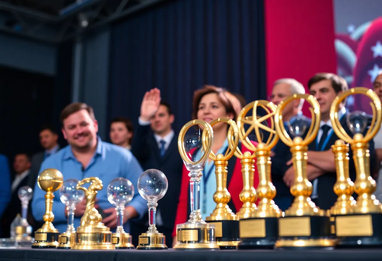 Celebration at California Journalism Awards with trophies