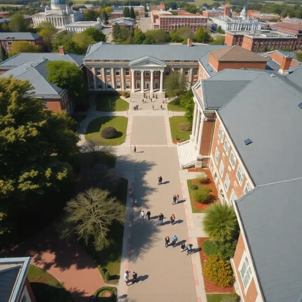 Aerial view of California State University campus showing student activity.