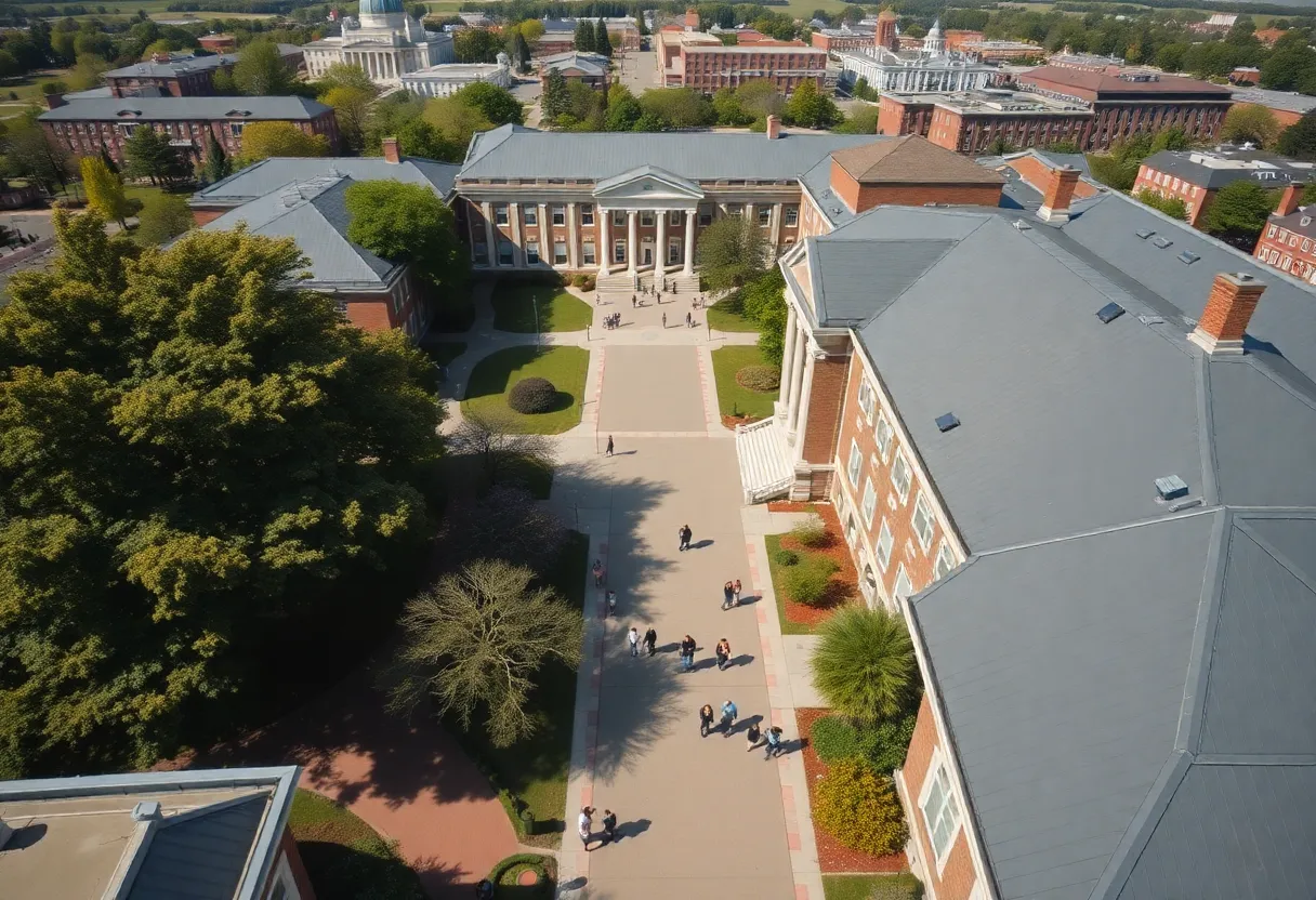 Aerial view of California State University campus showing student activity.