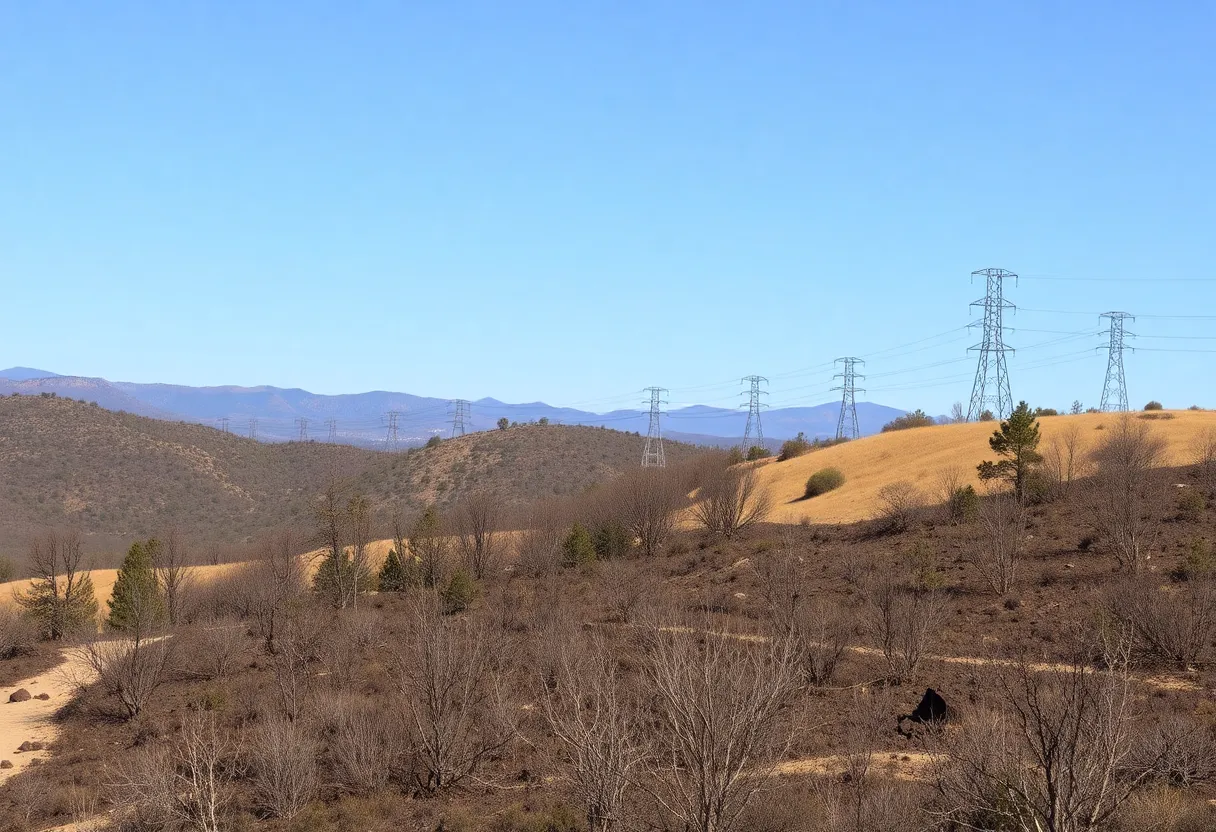Devastated California landscape from wildfires with utility poles