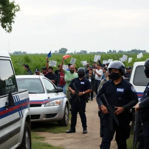 Law enforcement officers conducting a raid on a cannabis farm