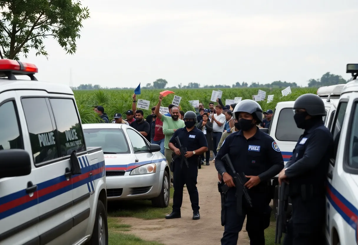 Law enforcement officers conducting a raid on a cannabis farm