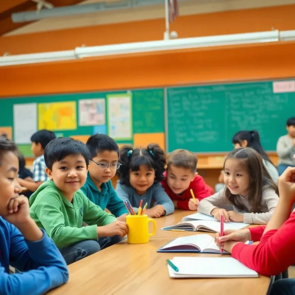 Diverse students in a classroom setting engaged in educational activities