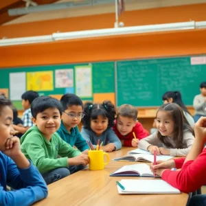 Diverse students in a classroom setting engaged in educational activities