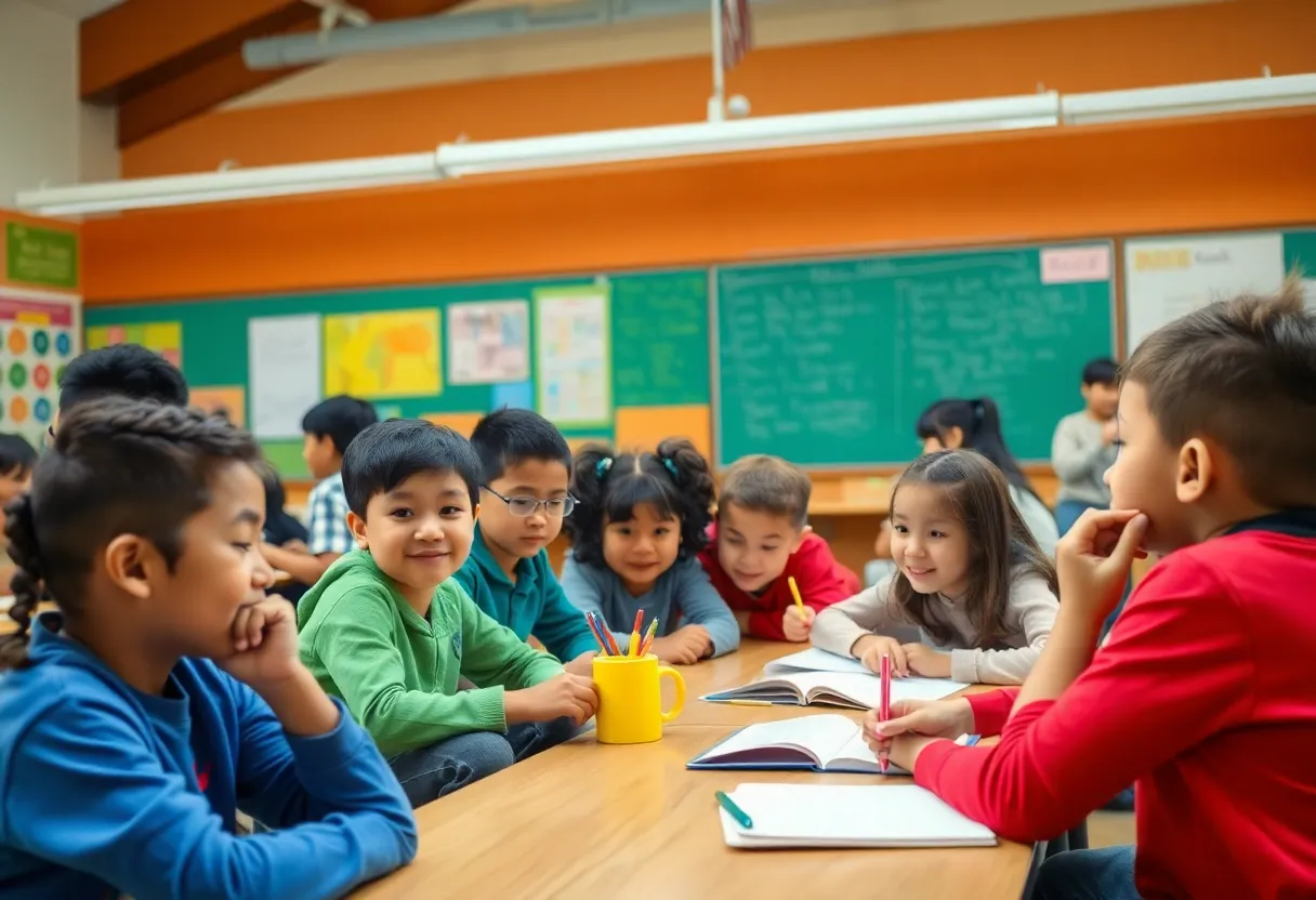 Diverse students in a classroom setting engaged in educational activities