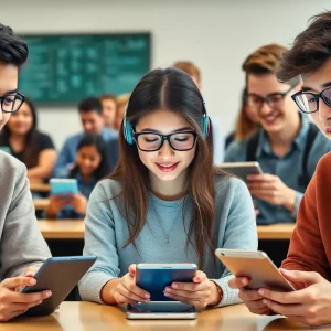 Students engaging with AI technology in a classroom.