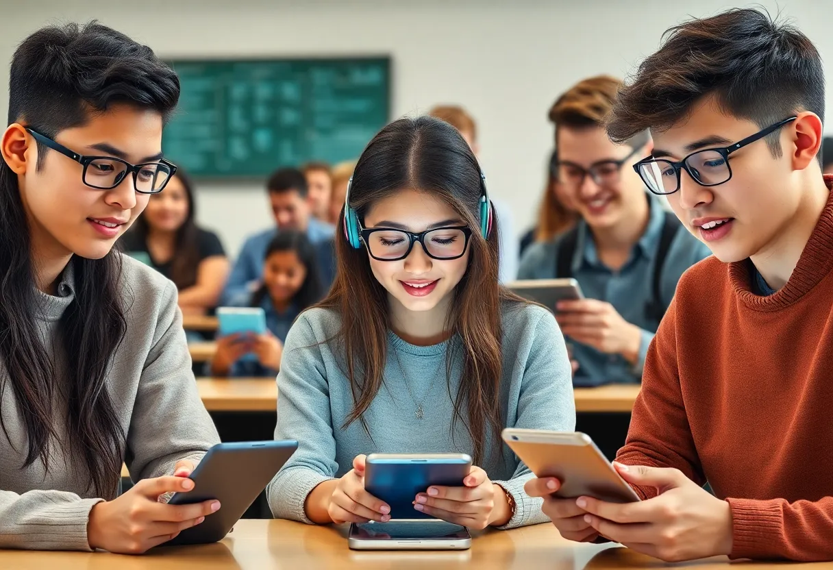 Students engaging with AI technology in a classroom.