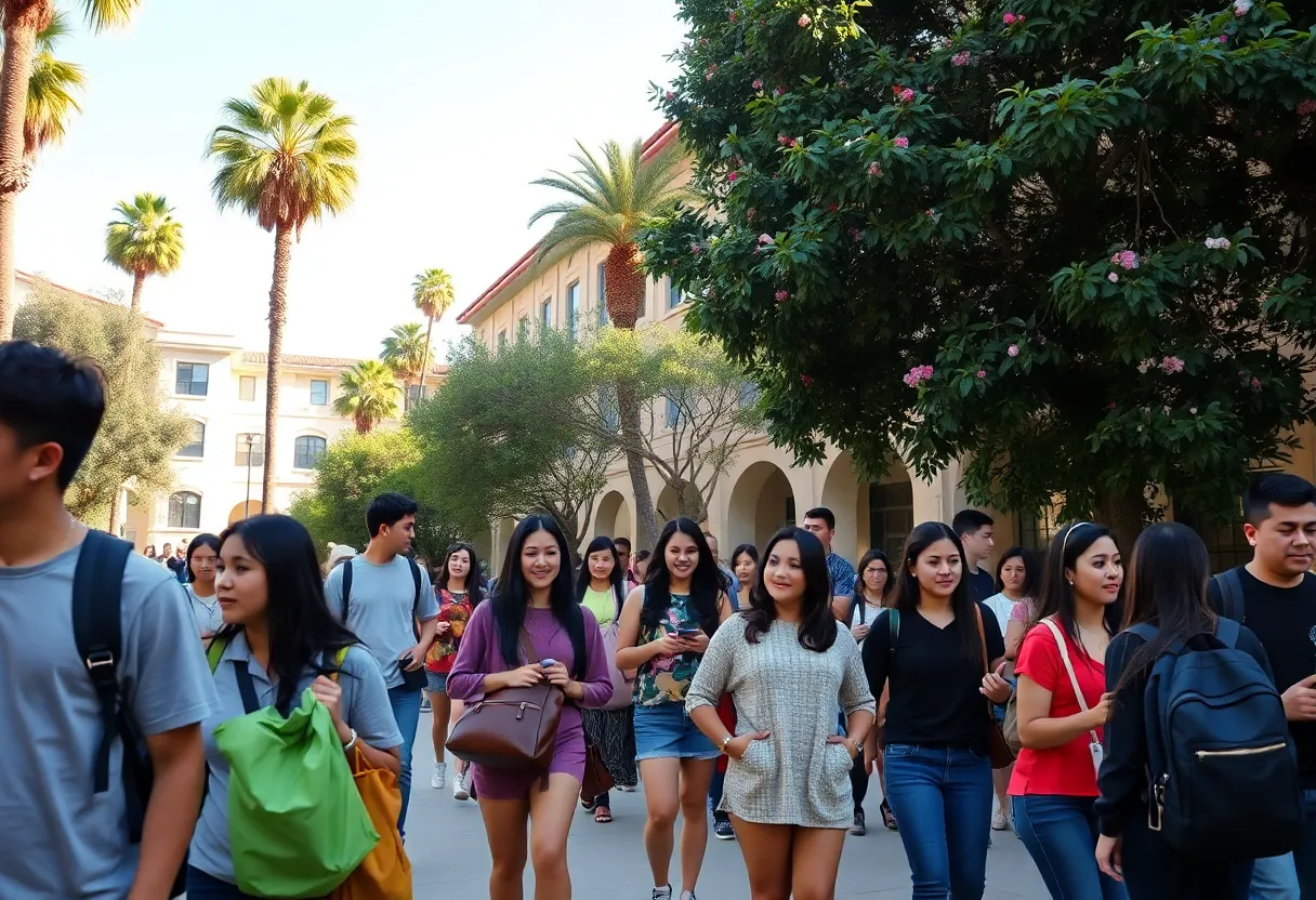 Diverse students on California State University campus engaging in educational activities.