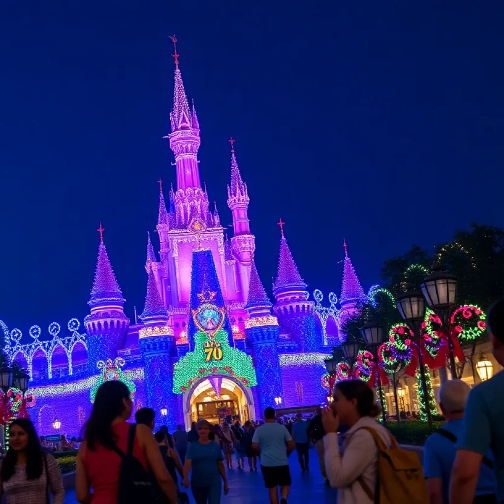 Families celebrating at Disneyland during the 70th anniversary.