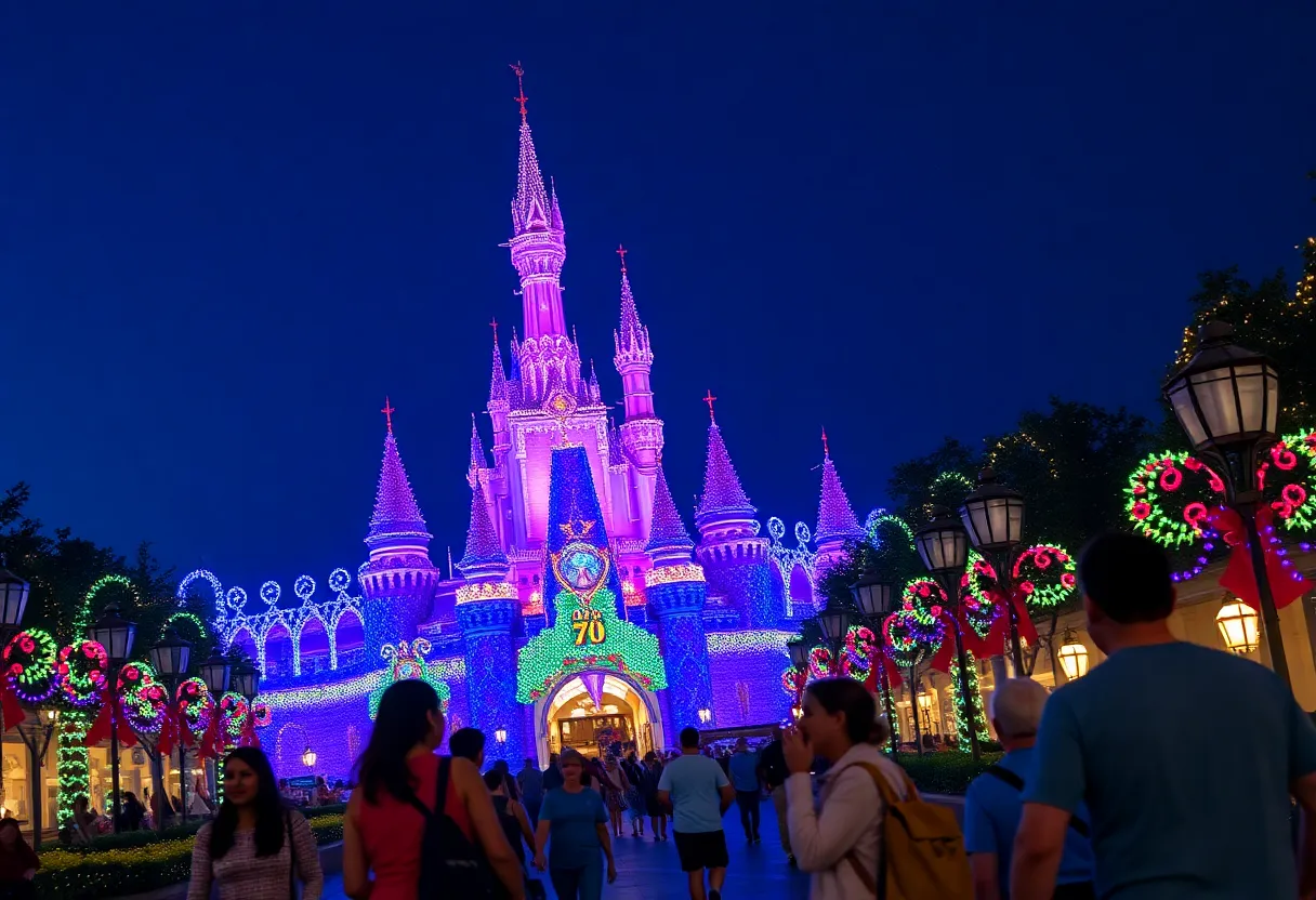 Families celebrating at Disneyland during the 70th anniversary.
