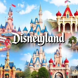 Collage of Disneyland attractions including Haunted Mansion and Pirates of the Caribbean.
