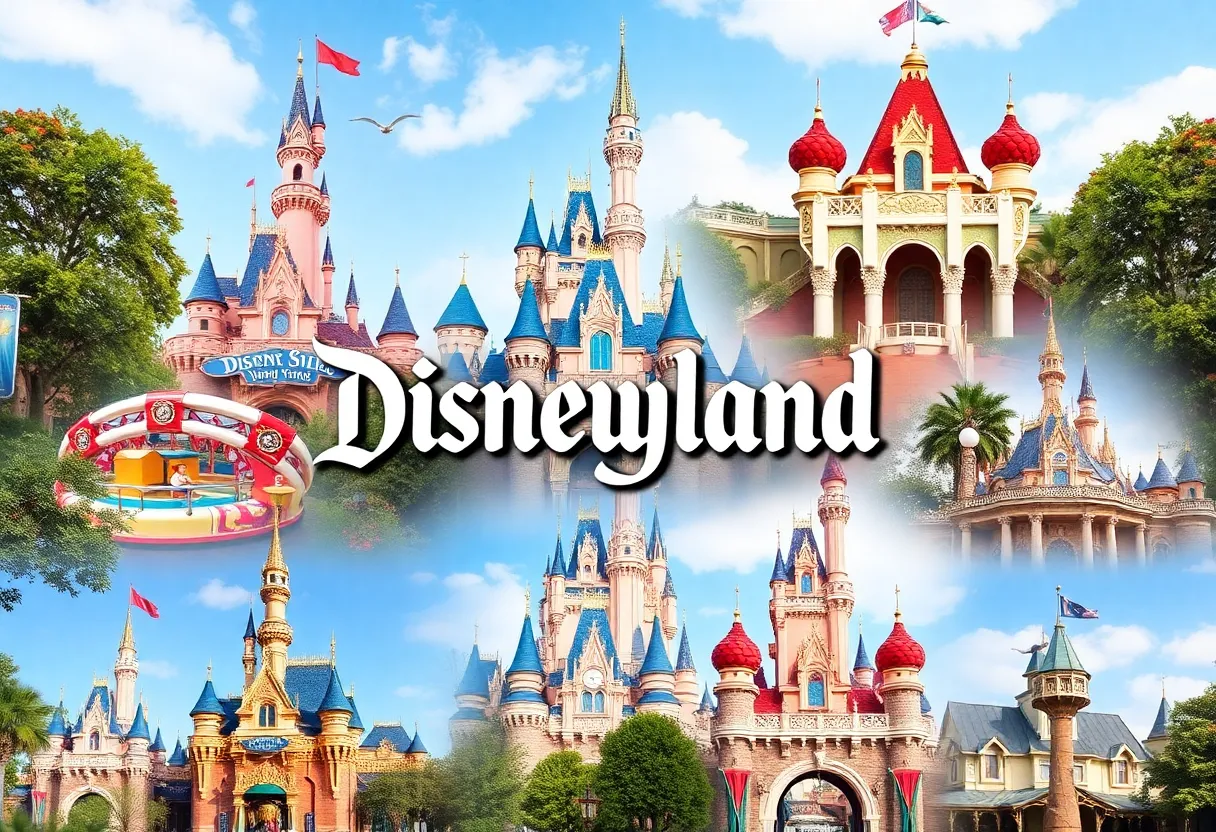 Collage of Disneyland attractions including Haunted Mansion and Pirates of the Caribbean.