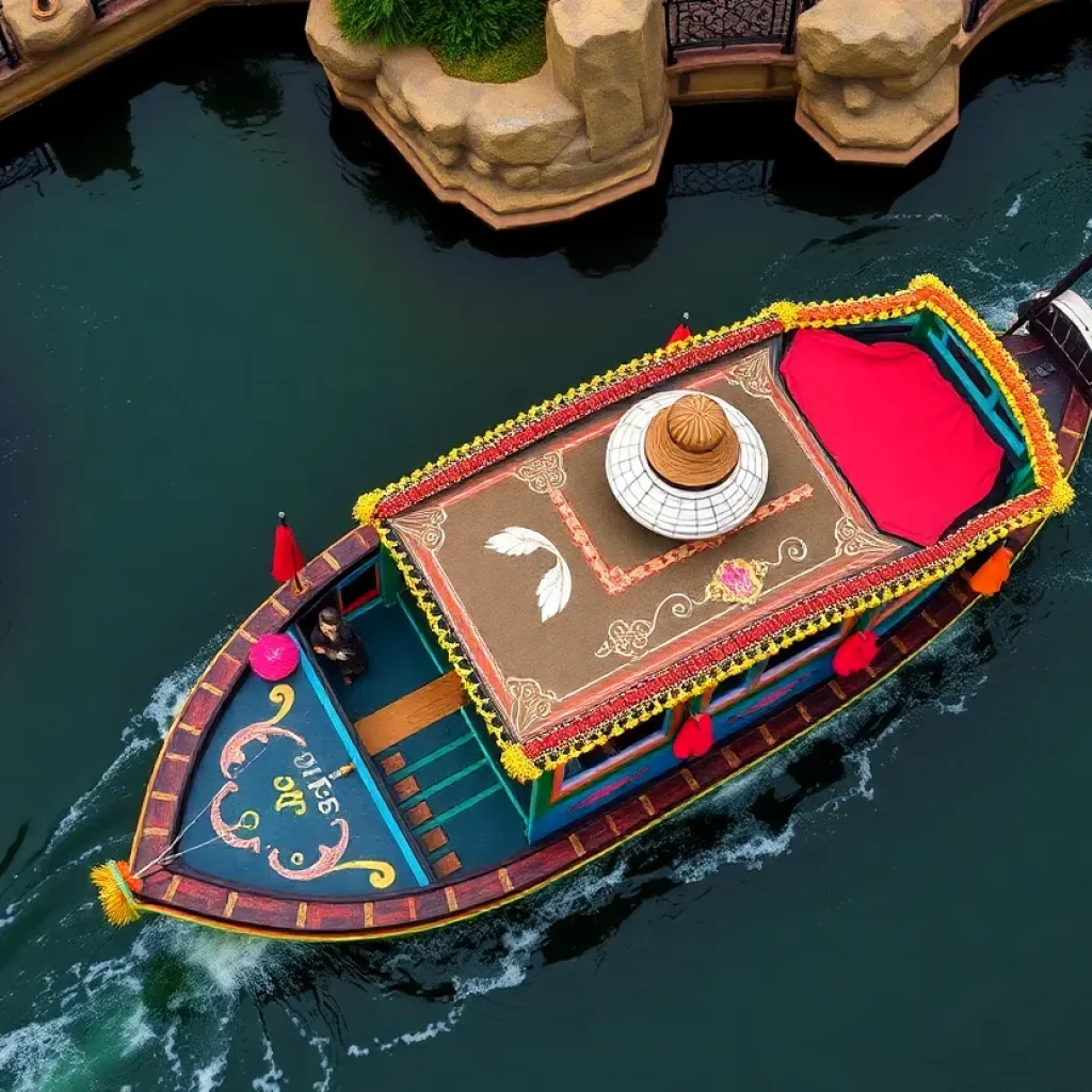 Concept art for Disneyland's Coco attraction showing a colorful boat ride in the Land of the Dead.