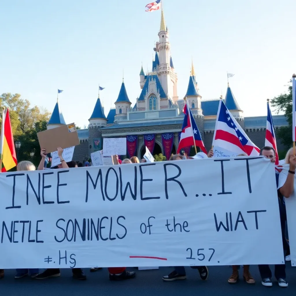 Protesters holding banners and flags outside Disneyland during immigration protests