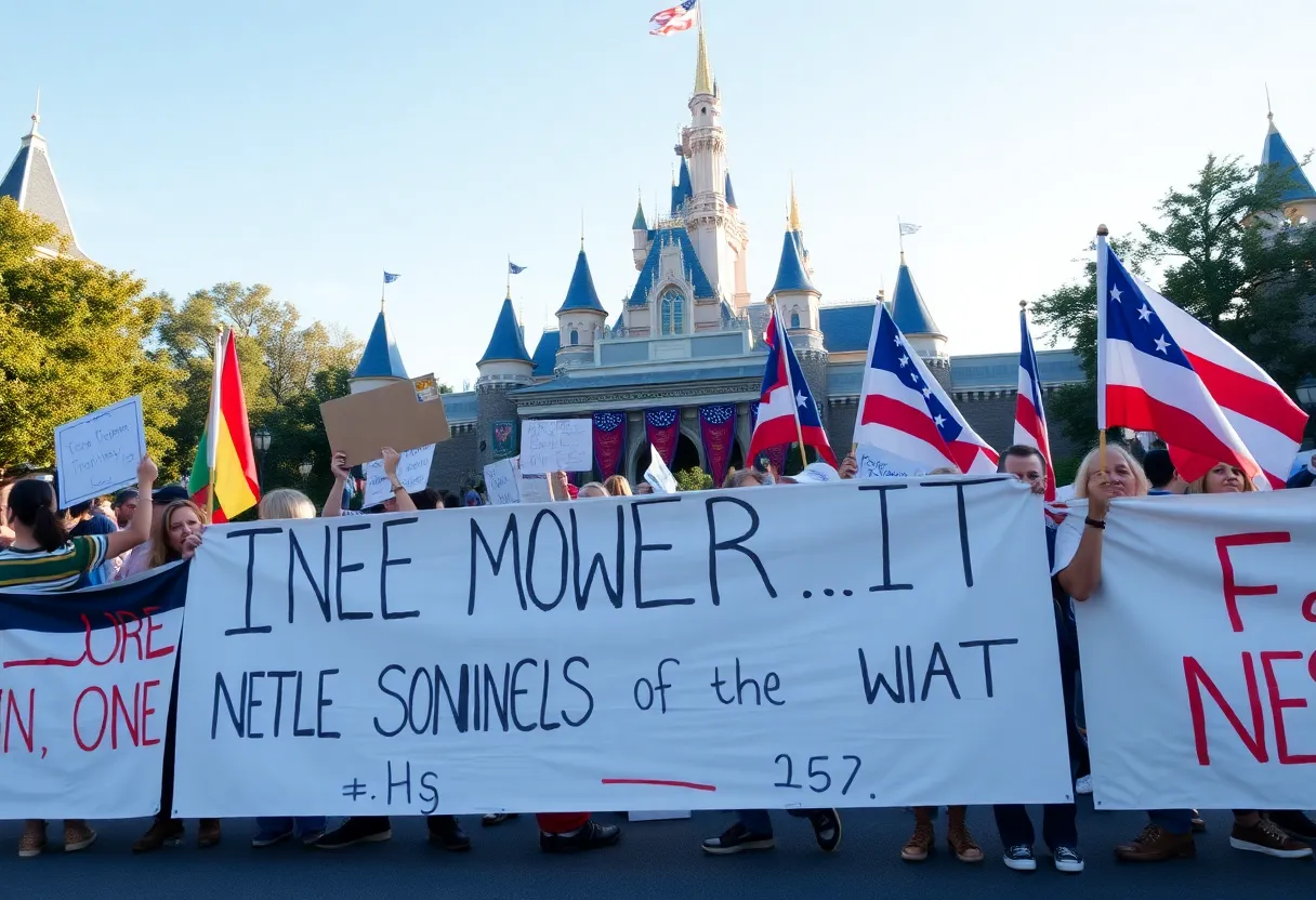 Protesters holding banners and flags outside Disneyland during immigration protests