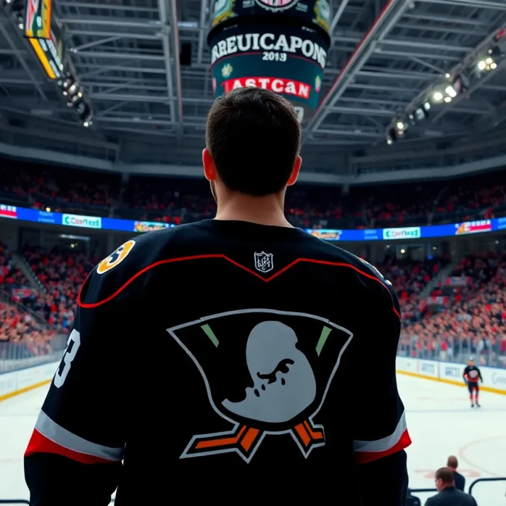 Hockey rink during arbitration hearing preparations with Ducks jersey displayed.