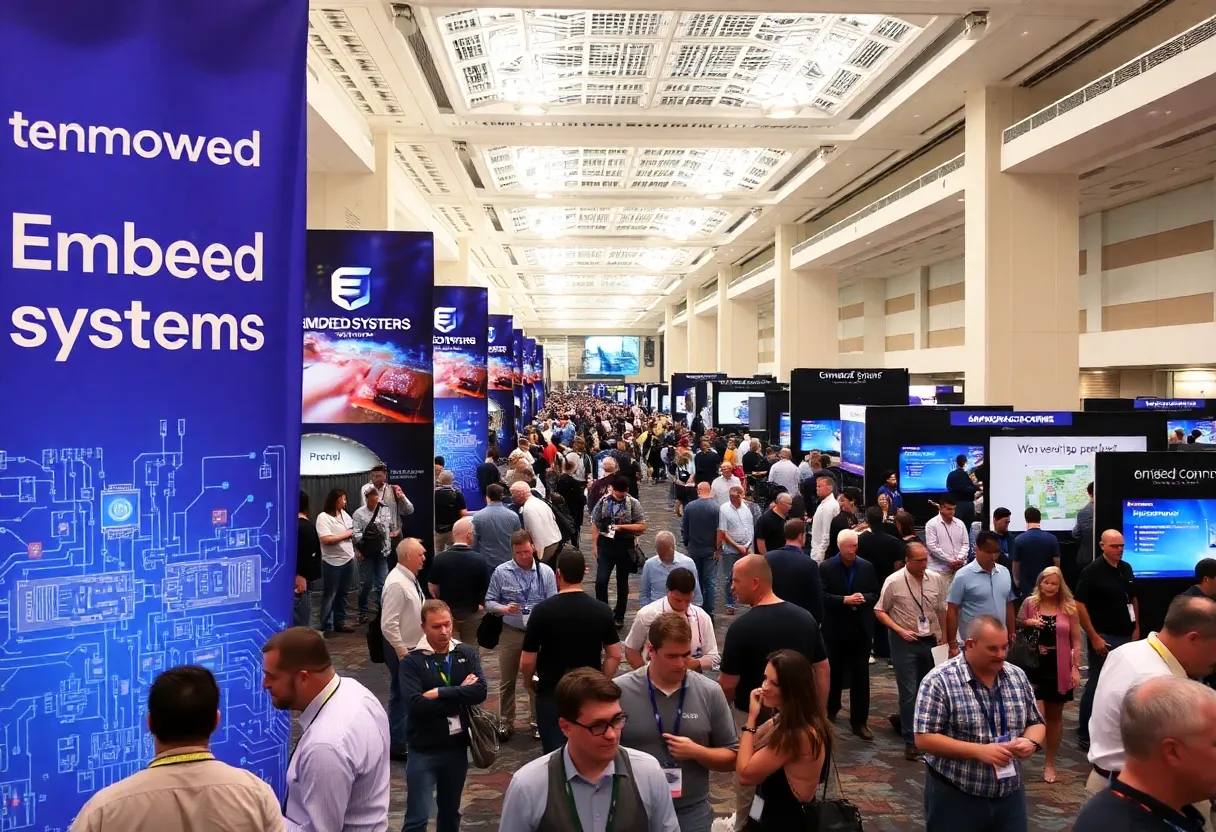 Conference attendees networking at the Embedded World North America event.