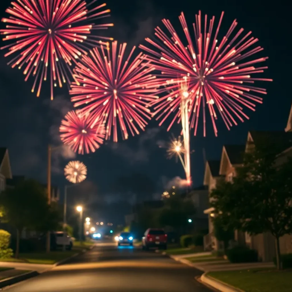 Colorful fireworks exploding over a suburban neighborhood at night
