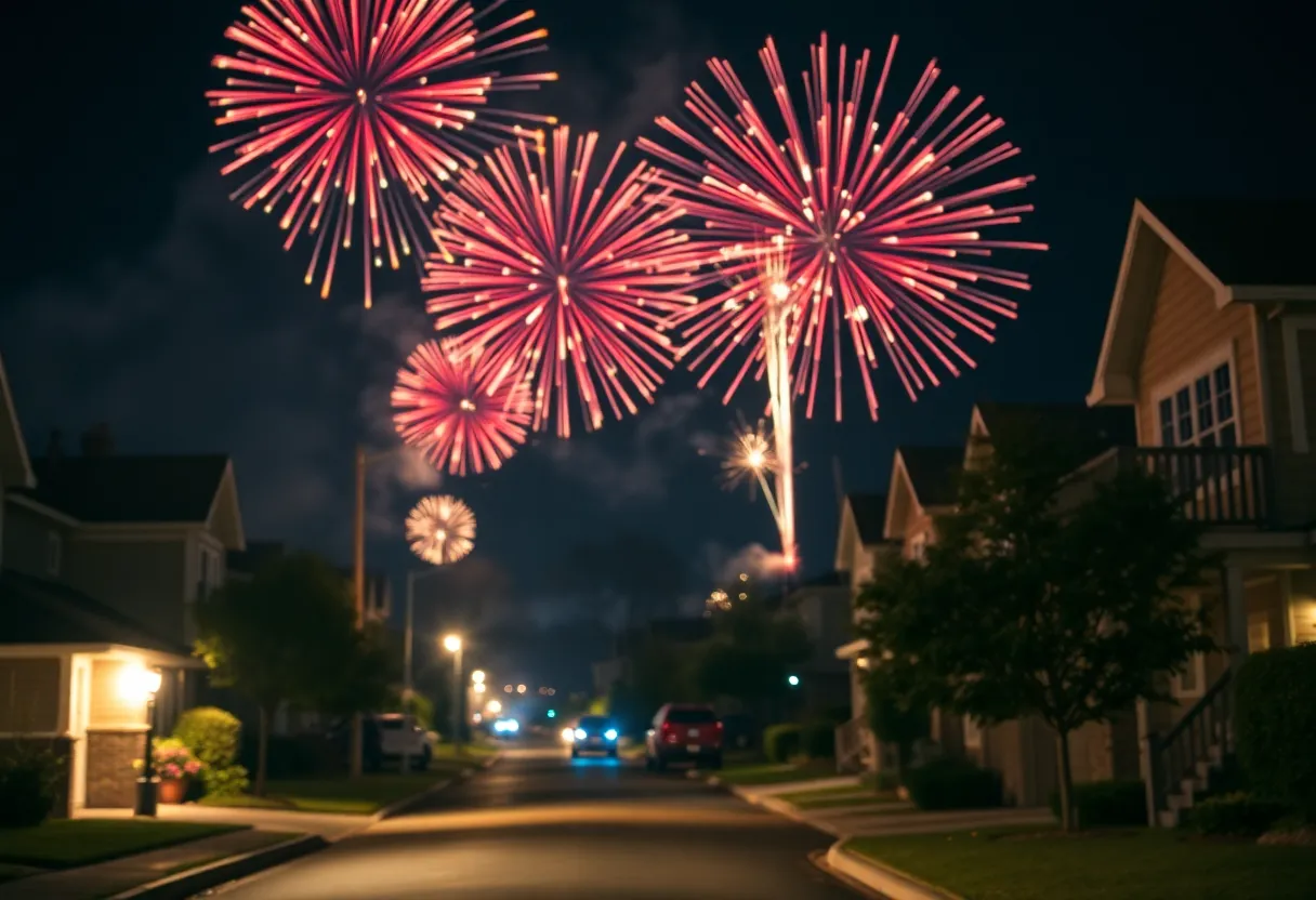 Colorful fireworks exploding over a suburban neighborhood at night