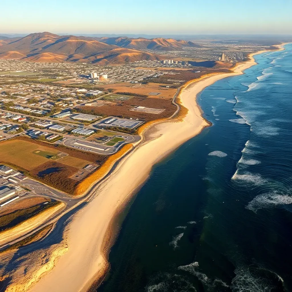Coastal landscape depicting rising sea levels and industrial sites near water
