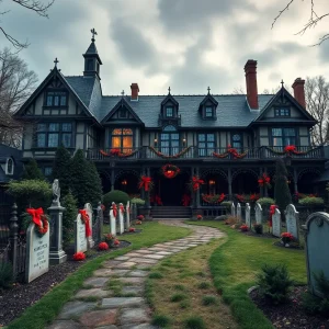 Haunted Mansion attraction at Disneyland with seasonal decorations