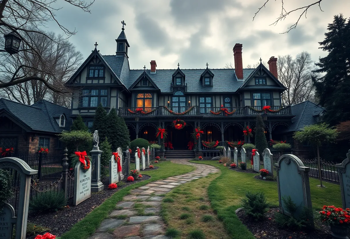 Haunted Mansion attraction at Disneyland with seasonal decorations