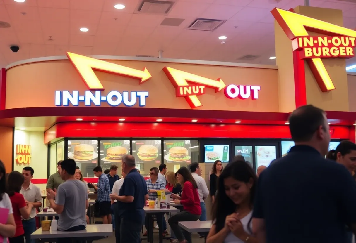 Customers enjoying food at an In-N-Out Burger restaurant.