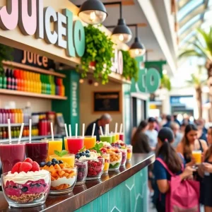 Juice It Up franchise location in Anaheim Hills with customers enjoying açai bowls and smoothies.