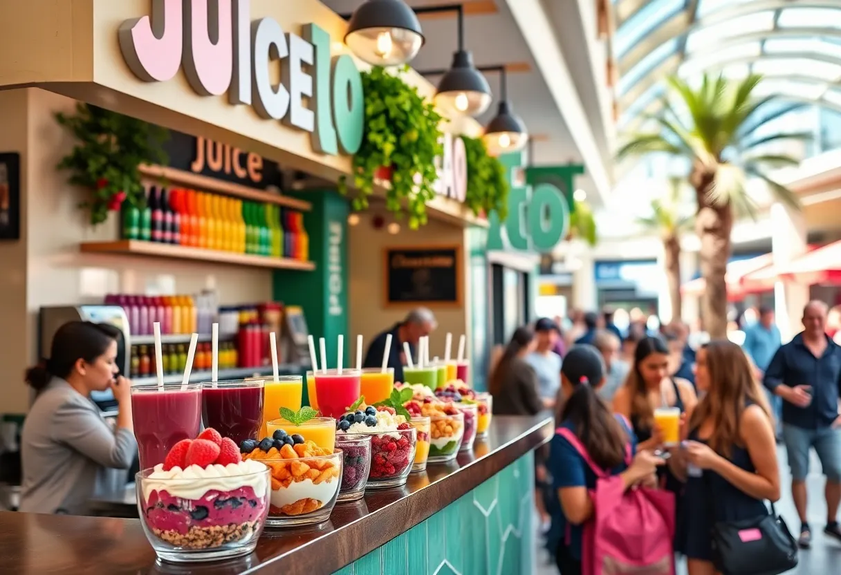 Juice It Up franchise location in Anaheim Hills with customers enjoying açai bowls and smoothies.