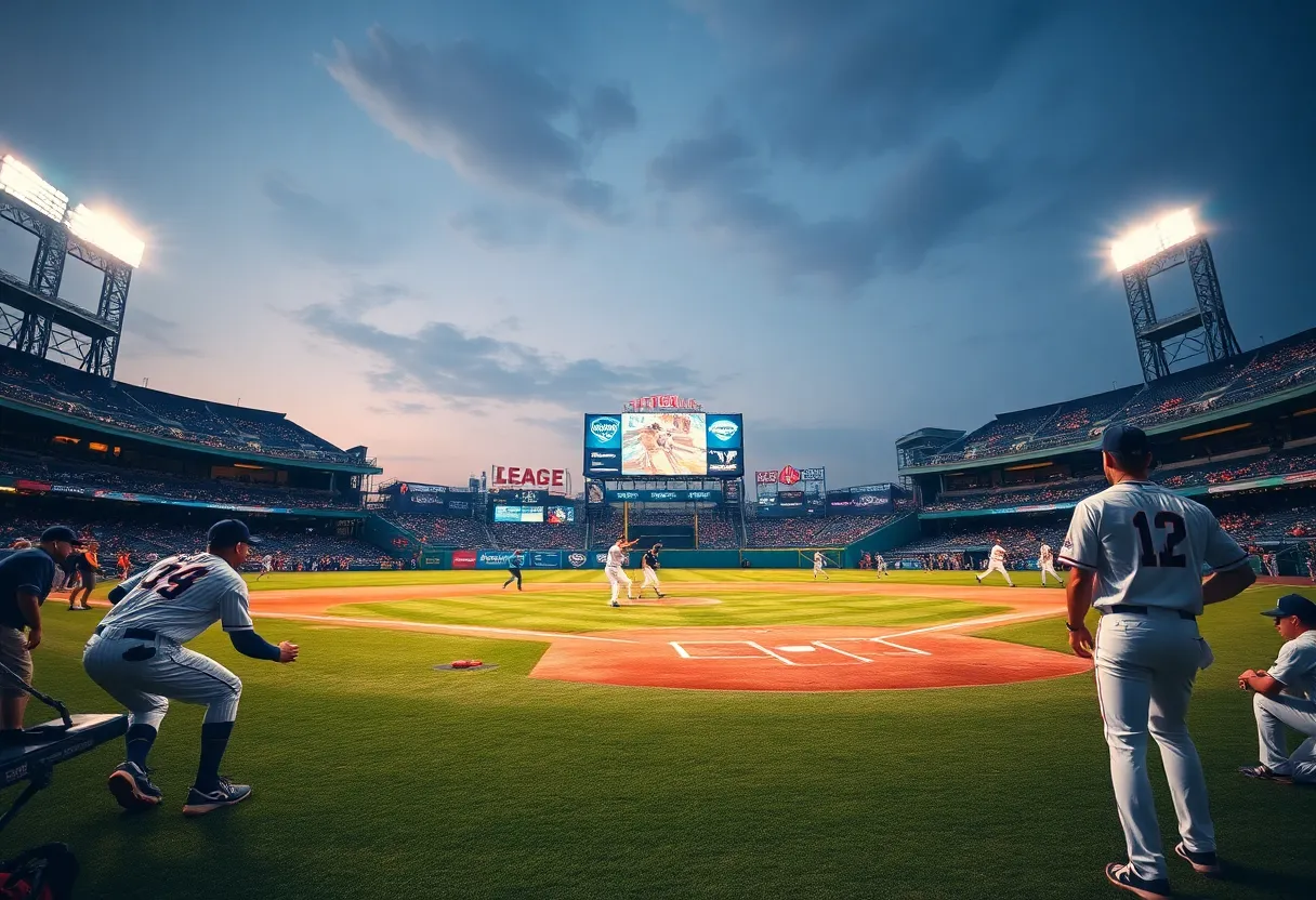 Baseball players from Mariners and Angels in action at stadium