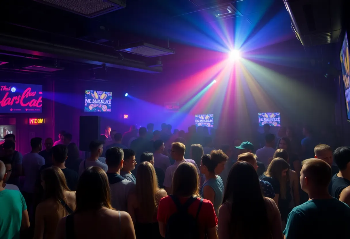 People engaging in a political event within a nightclub atmosphere