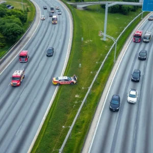 Emergency vehicles attending to a crash on the freeway.